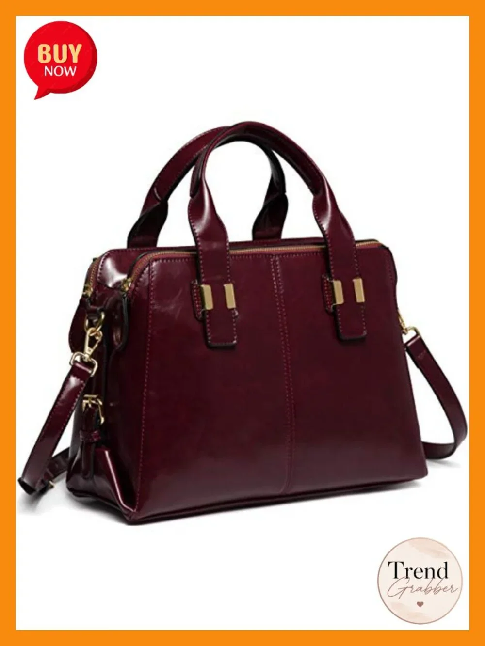 Faux Patent Leather Satchel Tote Work Bag Triple Compartments Detachable Strap